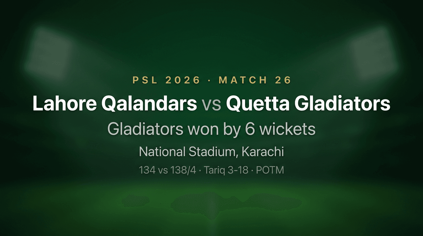 Lahore Qalandars vs Quetta Gladiators — PSL 2026 Match 26 Match Summary