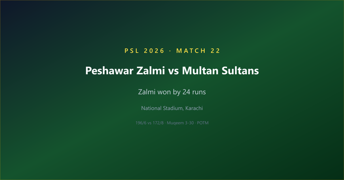 Peshawar Zalmi vs Multan Sultans — PSL 2026 Match 22 Match Summary